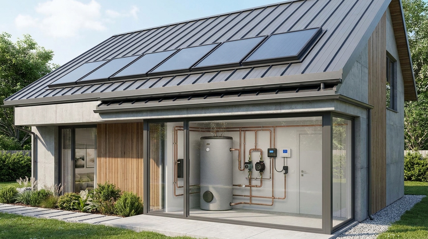 Split solar water heater with indoor storage tank, roof collectors, visible piping and service-friendly system layout